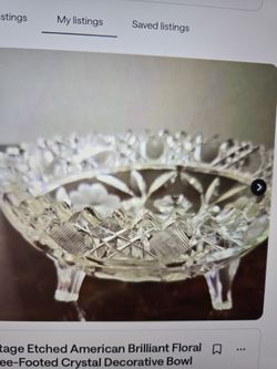 Vintage Etched American Brilliant Floral Three-Footed Crystal Bowl