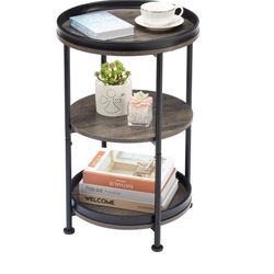 Round Side Table with 3 Shelves for Living Room, Bedroom Nightstand with Steel Frame for Small Spaces, Industrial Round Sofa Table (Classic, Grey)