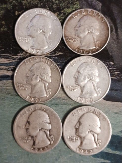 (6) 90% Silver Washington Quarters  1942P, 44P, 60D, 62D, 63P, 64 D