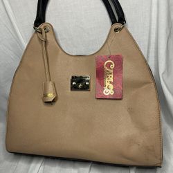 Carlos Santana Tan & Black Shoulder Handbag Purse Womens Large Tote Clean 