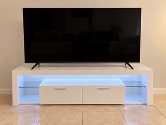 75” Roku 4K Smart TV + Modern White LED TV Stand – Bundle Deal
