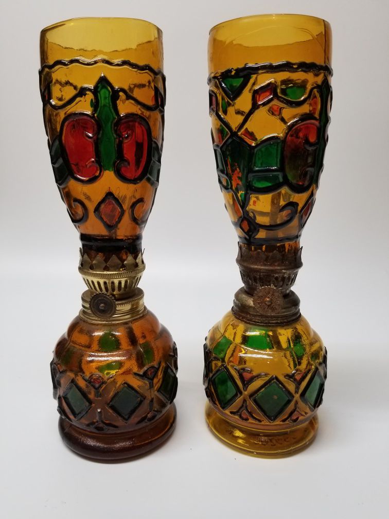 Vintage/Mid Century Modern Stained Glass Oil Lamps-Sail Boat Brand- Set of Two (2)