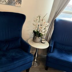 SAFAVIEH Couture Geode Wingback Chair – Navy Blue Velvet + Nailhead Trim 