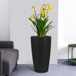 Set of 2 Faux Rattan Tall Planters Outdoor Indoor Large Planters with Water Level Monitor Inner Bucket, Automatic Watering, Flower Plant Pots for Gard