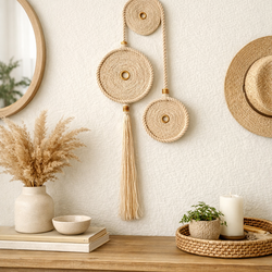 Boho Macrame Wall Hanging Decor, Handmade Woven Rope Wall Art, Neutral Bohemian Wall Decor for Living Room Bedroom Entryway