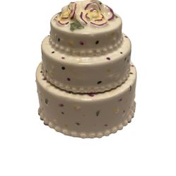 Vintage ceramic CAKE round TRINKET BOX floral confetti white Party Table Decor