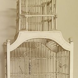 Vintage White Wooden Wire Cathedral Style Birdcage