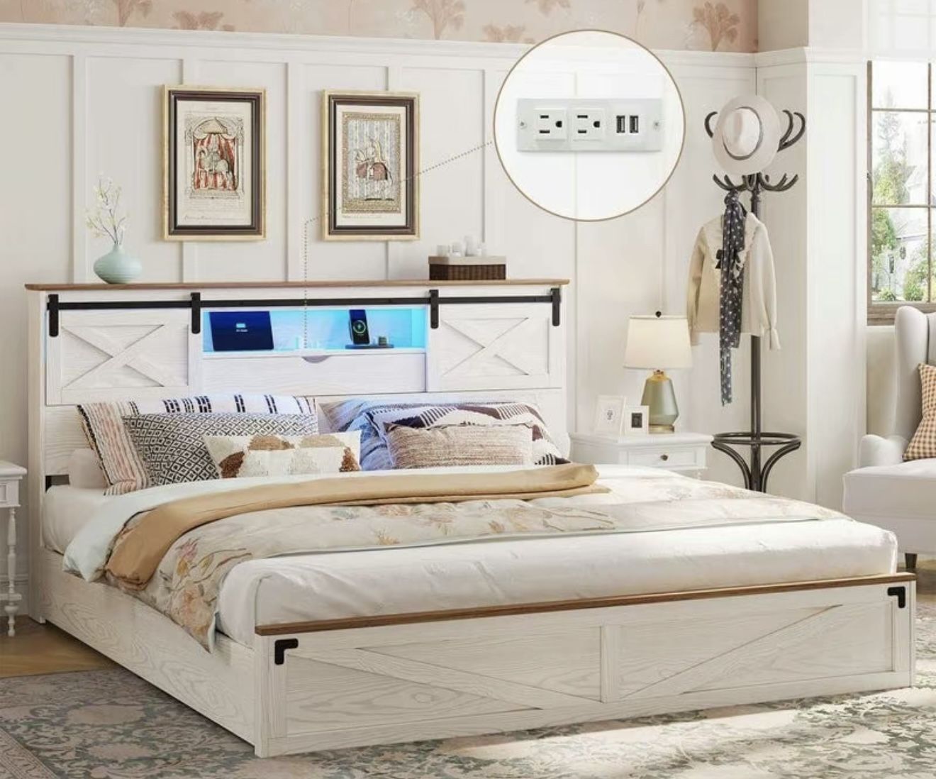 Sikaic LED farmhouse Wooden platform Bed Frame