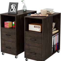 2Pcs, End Side Table, Narrow Nightstand with Storage Drawers and Adjustable Shelf, Rolling Bedside Table for Bedroom, Living Room, Home Office, Dark B