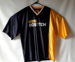Stanley Bostitch men's black yellow v-neck short sleeve shirt size L