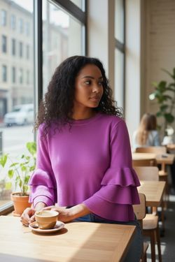 •New W/ Tags• Purple Ruffle-Sleeve Cropped Knit Sweater - Women - Essue
