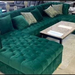 Lauren Velvet Green Double Chaise Sectional /couch 2599