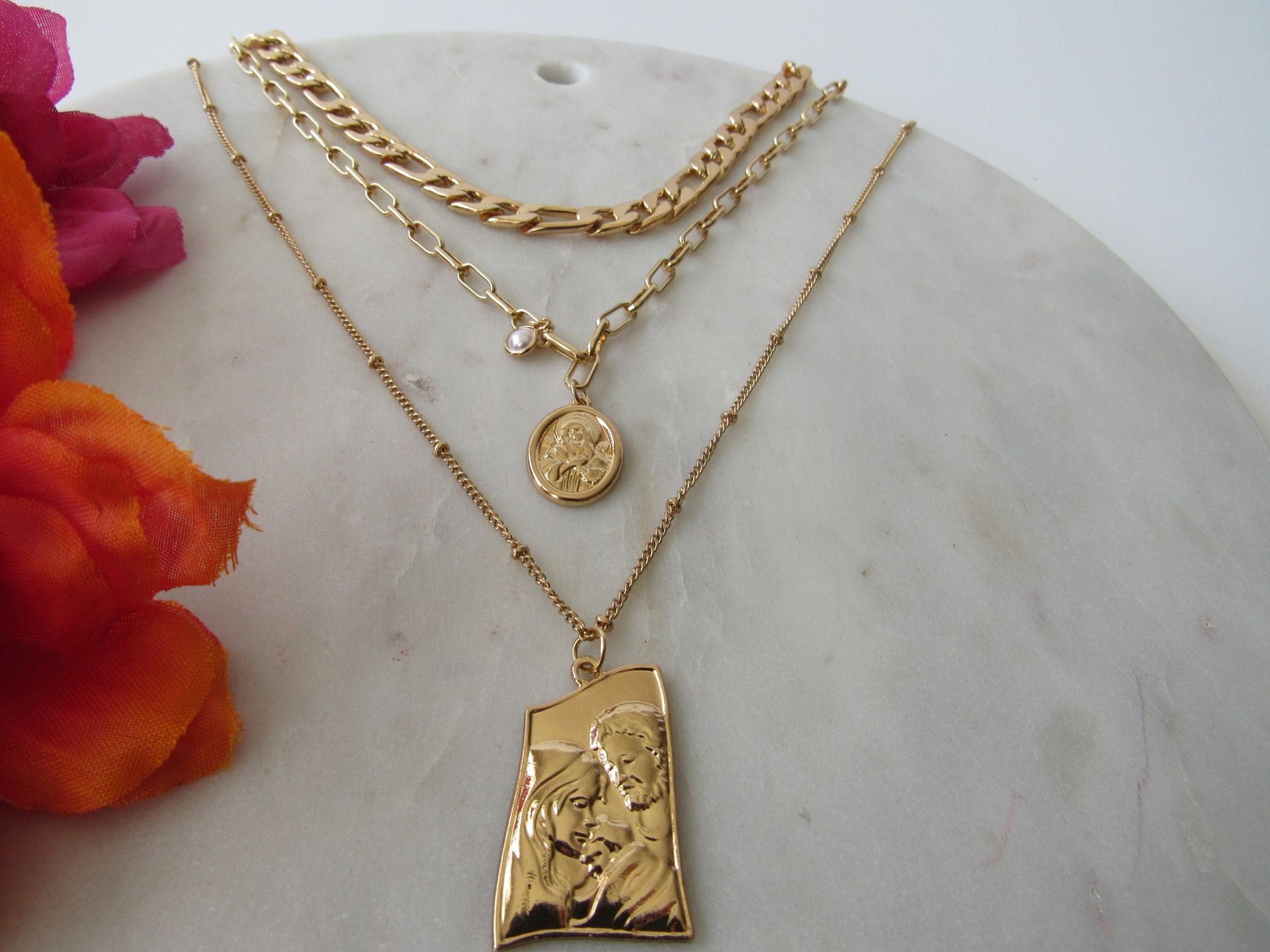 18K Gold Plated Pendant Sweater Necklace Triple Layer