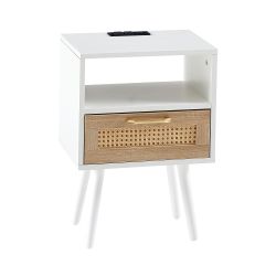 15.75 Rattan End table with Power Outlet & USB Ports , Modern nightstand with drawer and solid wood legs, side table for living room, bedroom, white