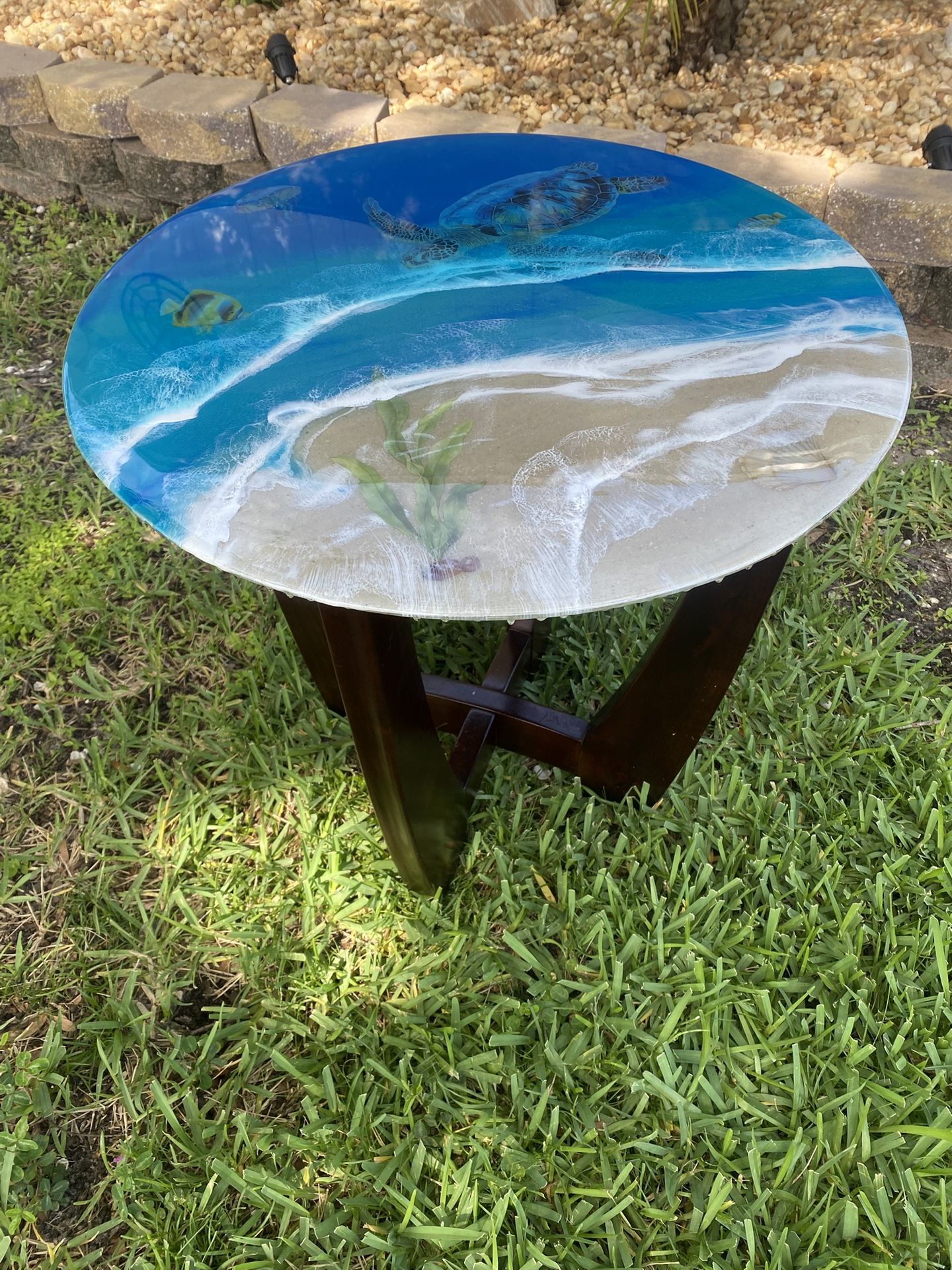 Side Table Round Epoxy Ocean , Glass Top