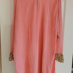 Coral Tunic Dress with Gold & Green Embellished Trim