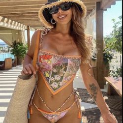 Floral Print Fixed-version Drawstring Bikini Swimsuit