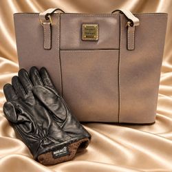 Dooney & Bourke Gray Pebbled Leather Tote Bag with Warmers Gloves