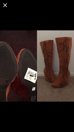 New unused knee high cognac fringe wedge boots