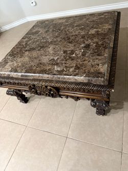 Marble Top Coffee Table with Carved Wood Base