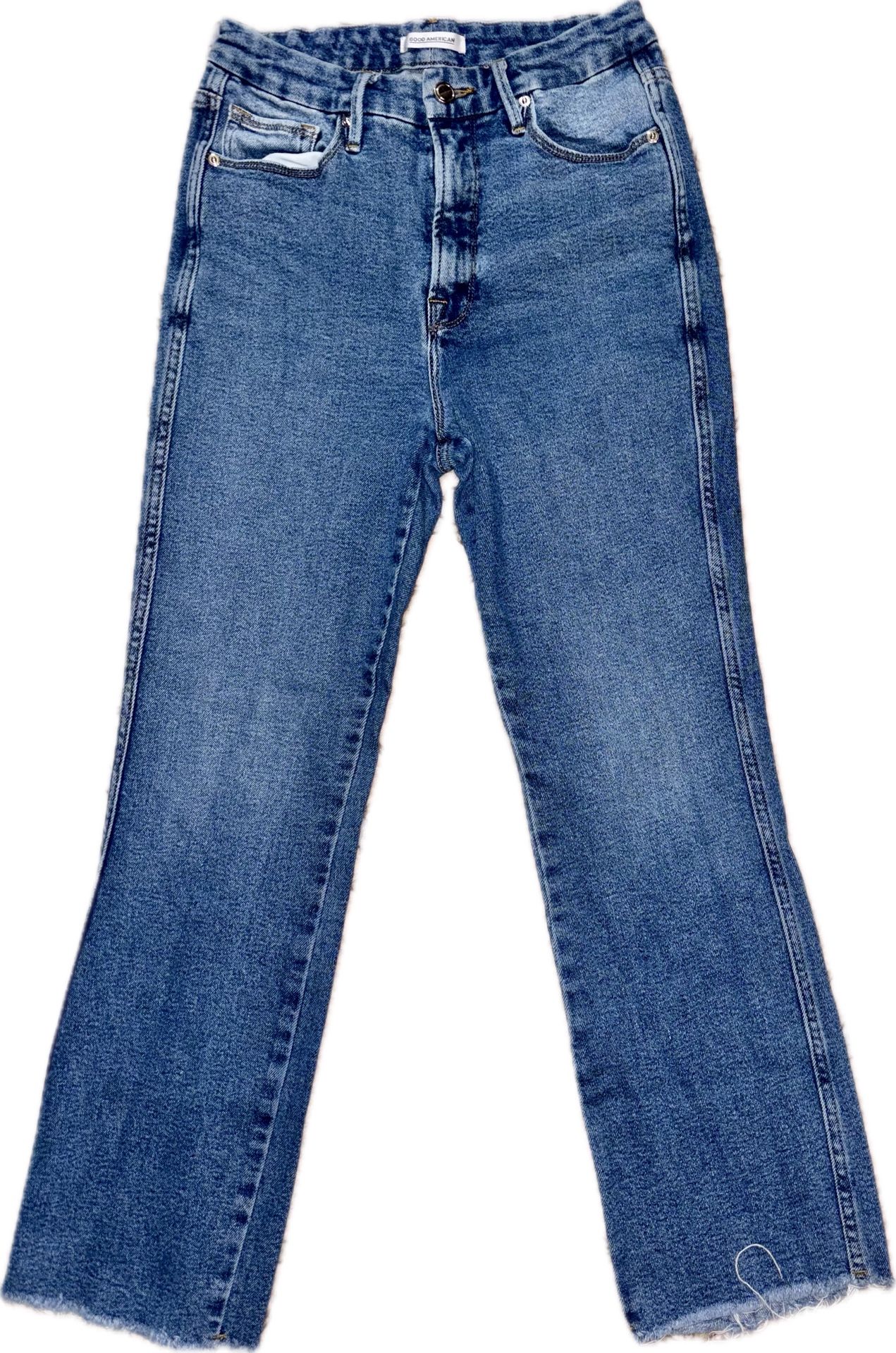 Good American High Rise Distressed Hem Jeans in Indigo Size 6