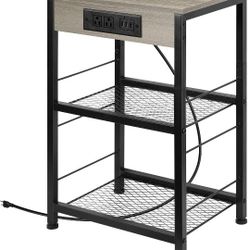 Nightstand with Charging Station, 3 Tier Small End Table with USB Ports