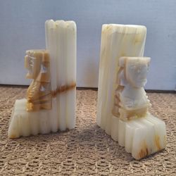 Mid Century Carved Marble Onyx Stone Aztec Mayan Tribal Bookends