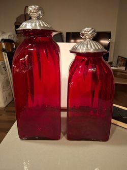 SET OF 2 LARGE RED GLASS JARS