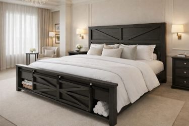 Queen bed with Sliding Barn Door Storage Cabinets and Headboard, Solid Wood Slats Support, Noiseless, No Box Spring Needed, Black