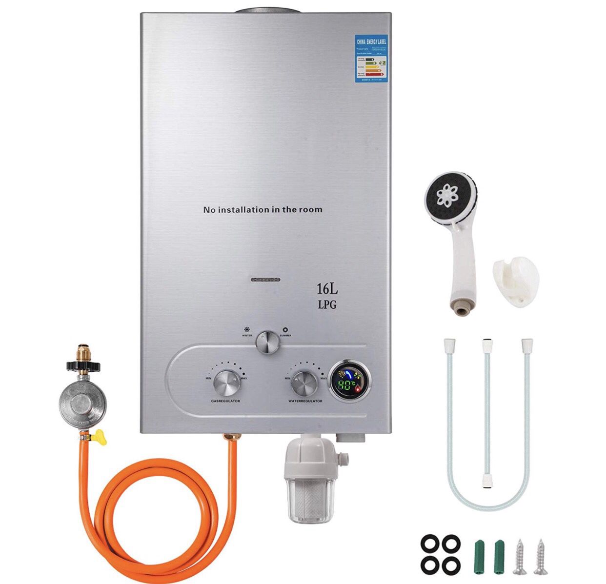 VEVOR 16L Tankless Hot Water Heater Propane Gas 4.3GPM Water Filter LED Display
