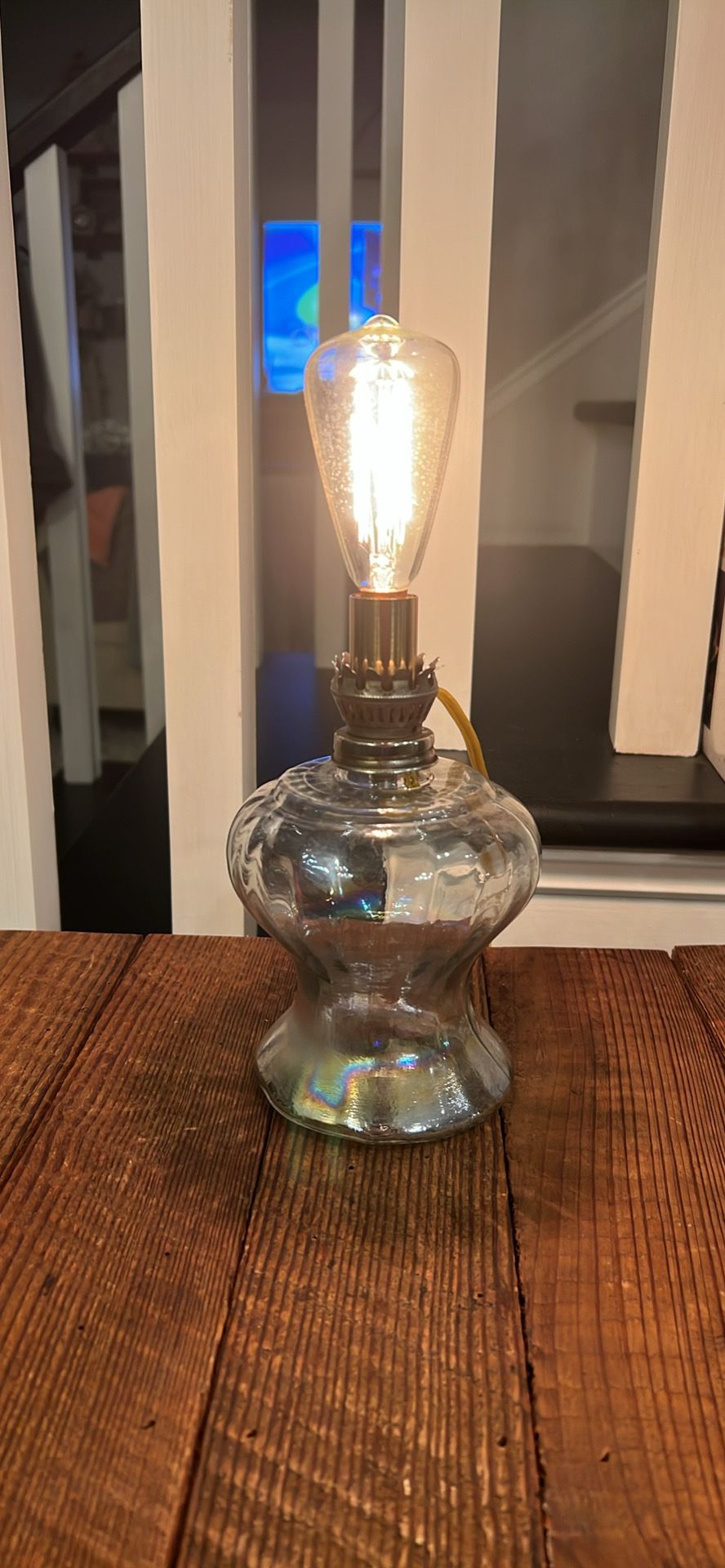 Vintage farmhouse iridescent mini glass oil lamp conversion