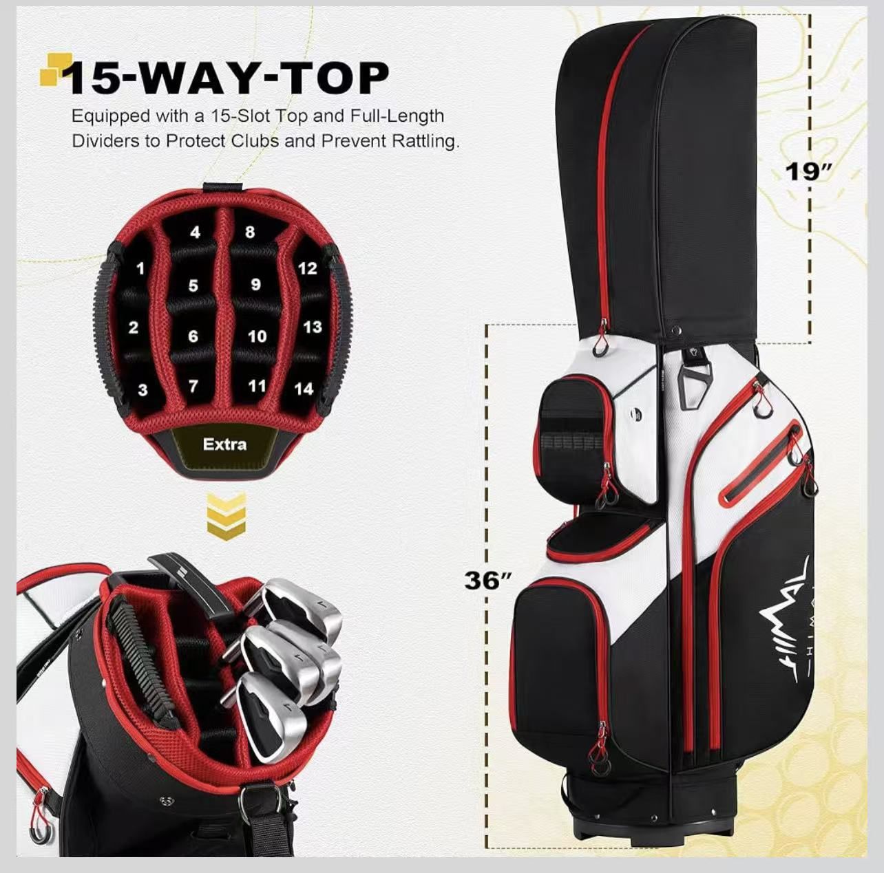✌️ Golf Cart Bag, 15 Way Organizer Divider Top with Handles and Rain Cover