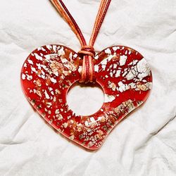 Large Red Blown Glass Heart Pendant with Silver Foil Specs