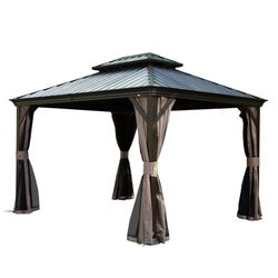 10' X 12' Hardtop Gazebo, Upgraded Metal Gazebo with Drainage System, Dual-Layer Galvanized Steel Roof, Curtain and Netting, Outdoor Shelter Canopy fo