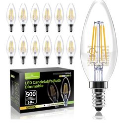 12 Pack E12 Dimmable 60W Equivalent LED Chandelier Light Bulbs, 4.5W Clear 5000K Daylight White 500LM B11 Vintage Filament Candle Light