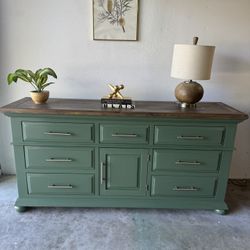 Refinished Green Broyhill Dresser / Credenza – Wood Top + Brass Hardware