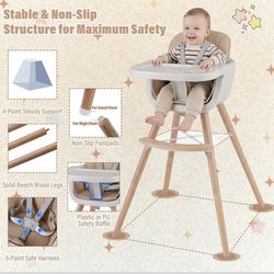 Baby High Chair, 6-in-1 Eat & Grow Wooden Highchair/Toddler Chair with Removable Tray, 5-Point Harness, PU Cushion and Footrest, Convertible High Chai