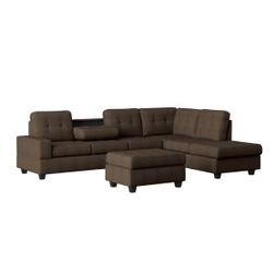 Brand new brown or gray linen 3-Piece Reversible Sectional with Drop-Down Cup Holders and Storage Ottoman (112"x80")