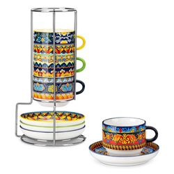 NEW vancasso 8 Oz Bohemian Espresso Cups Set of 4 with Saucers and Metal Stand, Stackable Porcelain Coffee Cups for Espresso Shots, Demitasse, Cappucc