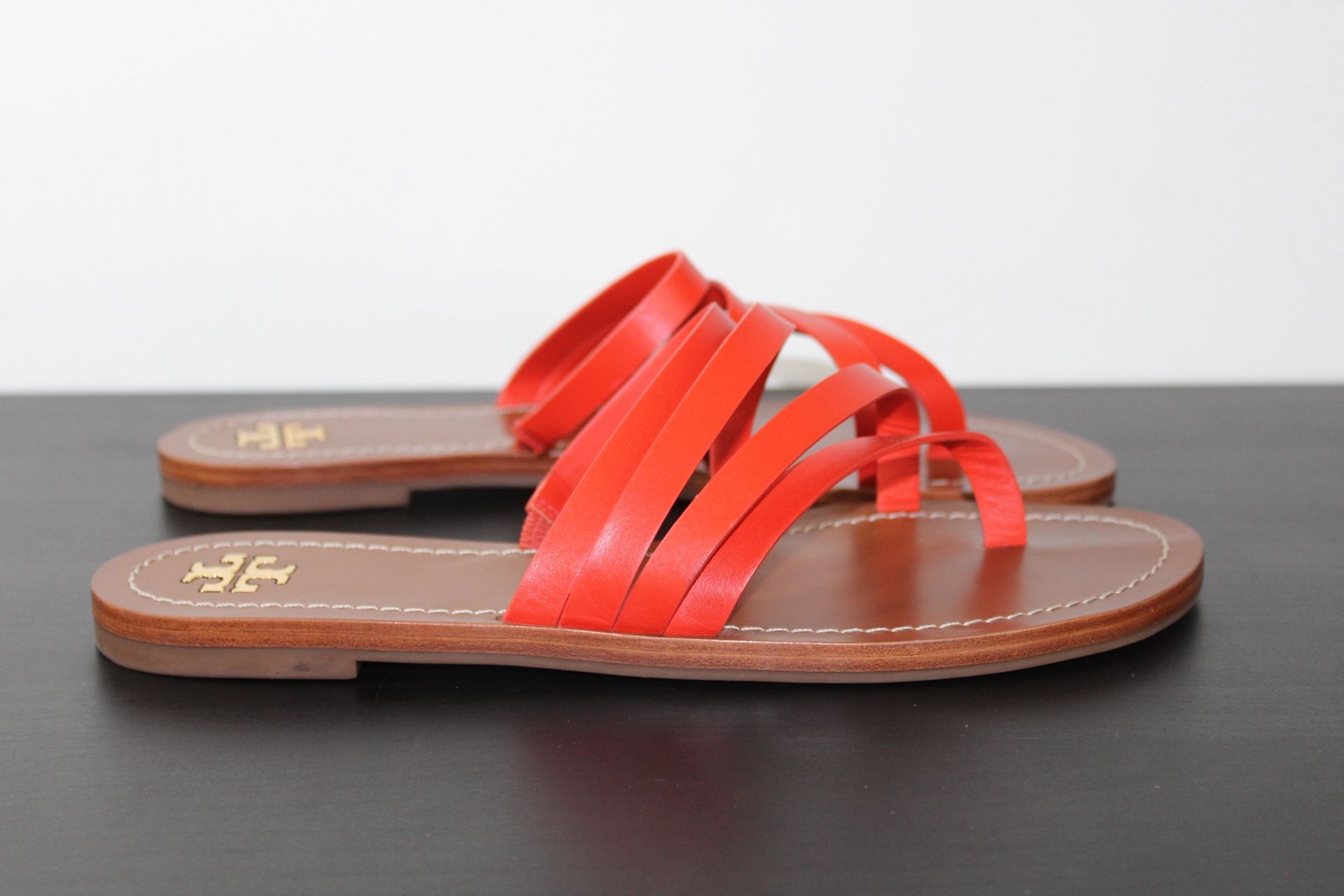 Tory Burch Patos Strappy Flat Thong Slide Sandals Samba Red Sz 9.5 - New