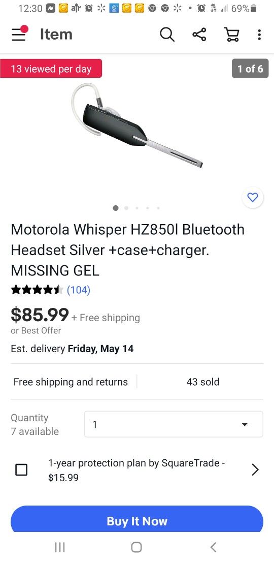 Motorola Bluetooth Headset Silver With Case And Gel Pieces.