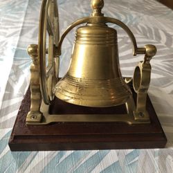 Vtg Brass Ships Bell Mount & Pulley Wheel Desk Office Decor 7” X 5”