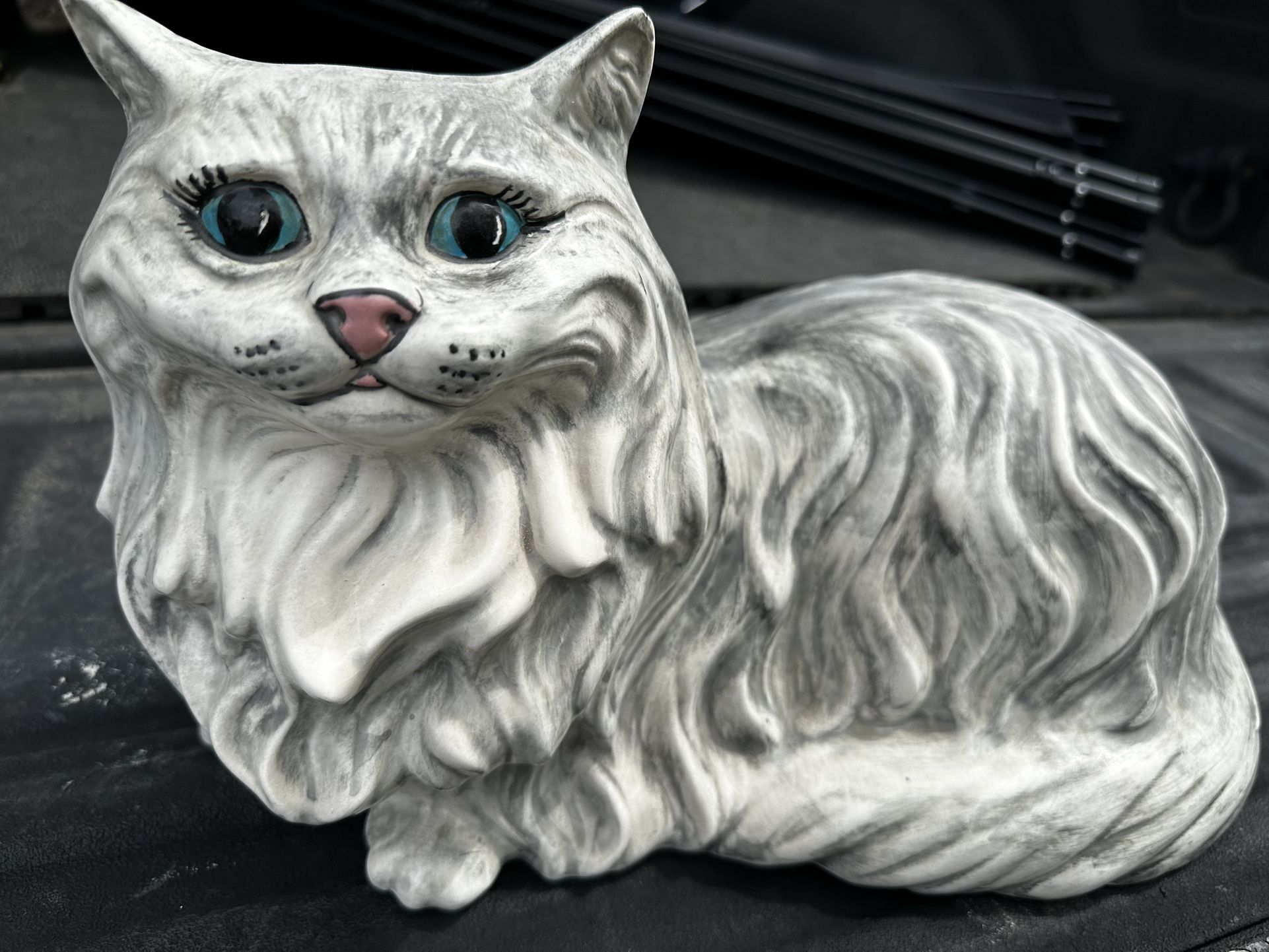 Cat Large Vintage Ceramic Grey laying down  Cat Décor Figure