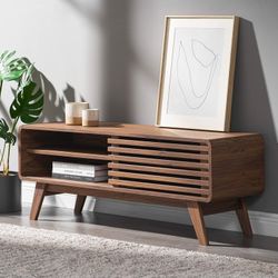 mopio Ensley 46" TV Stand with Slatted Door, Mid Century Modern Entertainment Center for 55/60/65 inch TV, Farmhouse Media Console with Storage, Adjus