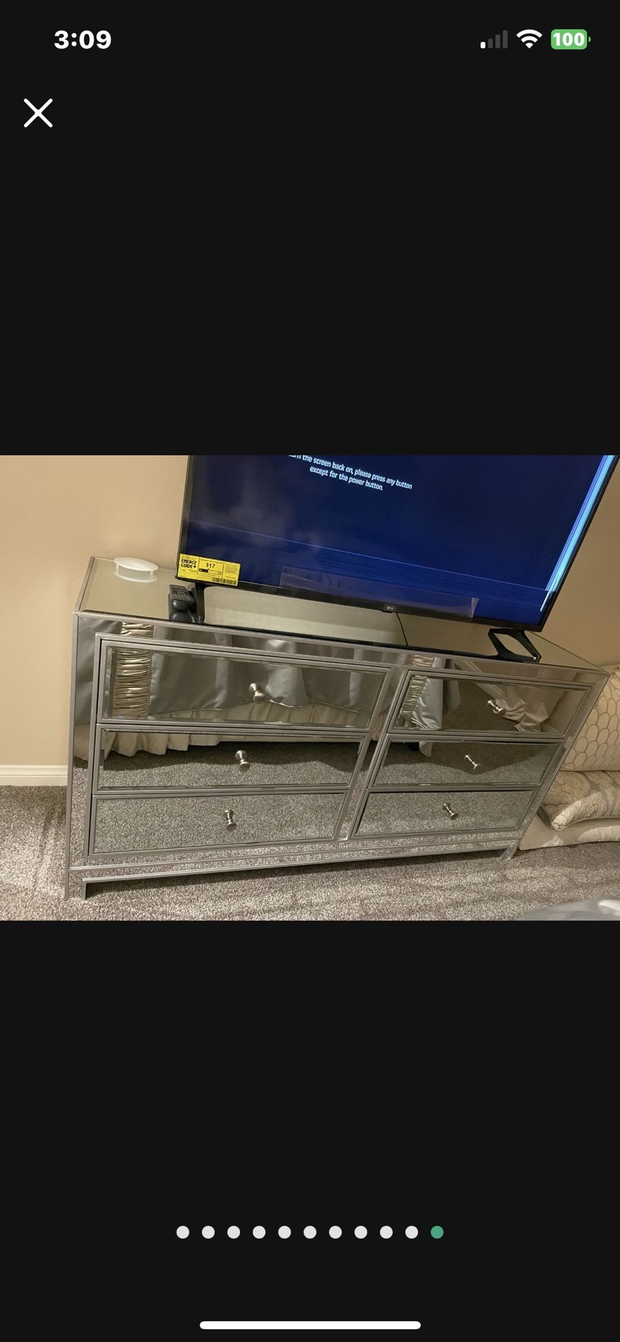 1 Mirrored Dresser, 2 Mirrored Night Stands, One Queen Platform Bed Cream Velvet, One Queen Mattress And Box Spring.