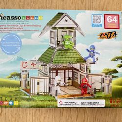 PicassoTiles Magnet Tile Building Blocks Ninja Dojo House Theme STEM Playset with 4 Character Action Figure Ninjas Weapon Accessories Magnetic Tiles E
