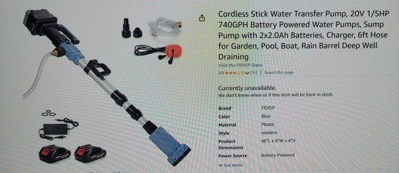 New! Battery Powered Cordless Stick Water Transfer Sump Pump