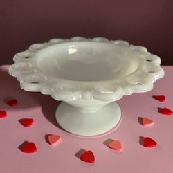 Vintage Anchor Hocking Open Lace White Milk Glass Pedestal Compote Dish