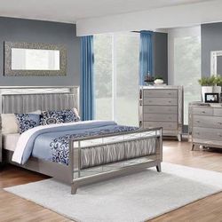 **JULY SALE** 4 Piece Queen Bedroom Set In Metallic Leatherette With Crystal Knobs!