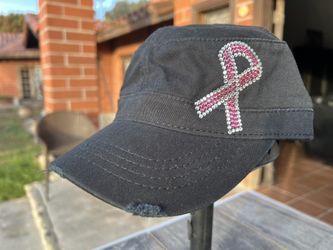 Rhinestone Pink Ribbon Distressed Military Style Hat